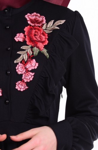 Nakışlı Fırfırlı Elbise 7240-01 Siyah