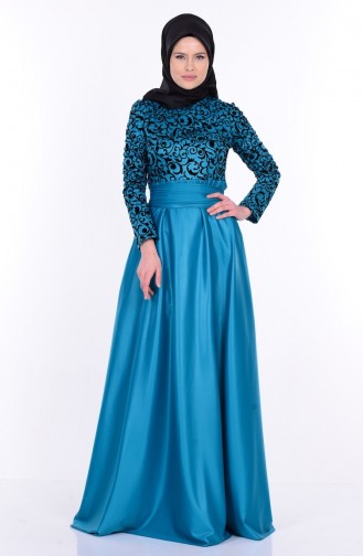 Turquoise Hijab Evening Dress 1042-10