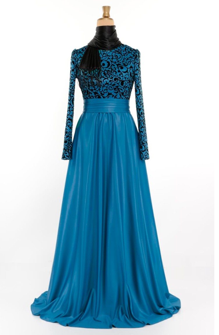 Turquoise Hijab Evening Dress 1042-10 | Sefamerve