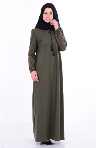 İşlemeli Elbise 1295-08 Haki Yeşil