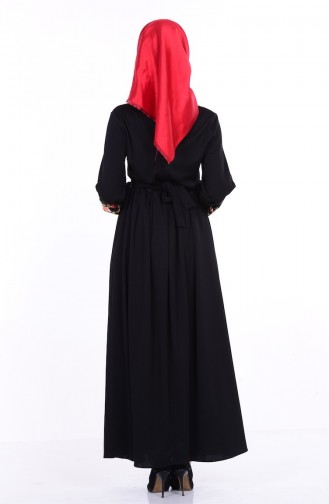 Nakışlı Kuşaklı Elbise 4128-01 Siyah