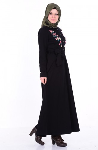 Nakışlı Elbise 1293-03 Siyah