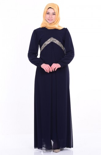 Şifon İşlemeli Elbise 99002-03 Lacivert