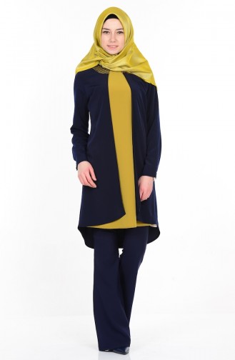 Pile Detaylı Asimetrik Tunik 0103-02 Lacivert Yağ Yeşil