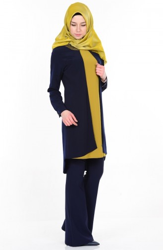 Pile Detaylı Asimetrik Tunik 0103-02 Lacivert Yağ Yeşil