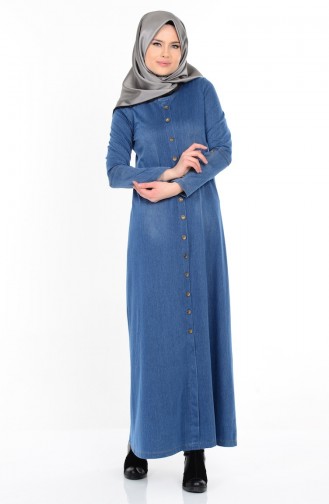 Düğme Detaylı Elbise 1123-01 Mavi