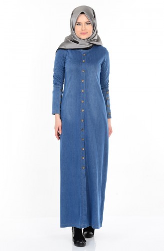 Düğme Detaylı Elbise 1123-01 Mavi