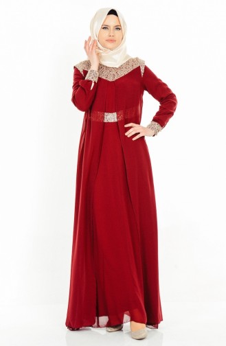Claret Red Hijab Evening Dress 2904-06