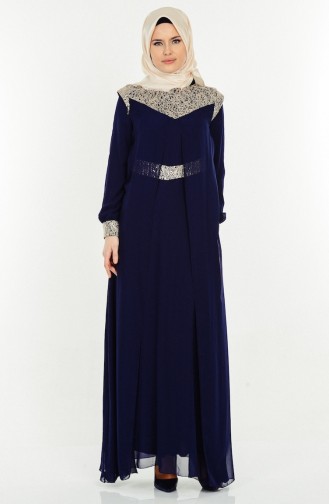 Navy Blue Hijab Evening Dress 2904-07