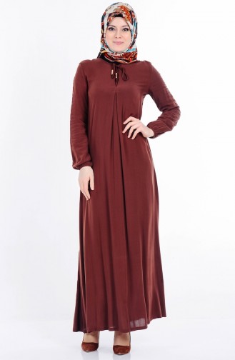 Bağcık Detaylı Viskon Elbise 1134-14 Kahverengi