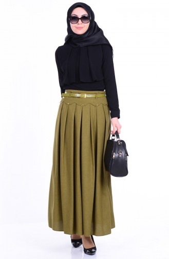 Pleated Belted Skirt 8012-05 Khaki Green 8012-05