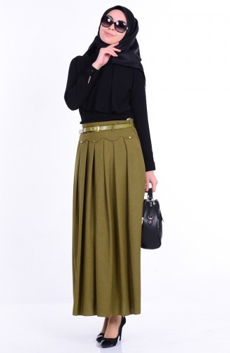 Pleated Belted Skirt 8012-05 Khaki Green 8012-05