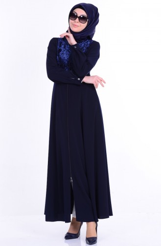 Abaya İmprimée 1049-02 Bleu Marine 1049-02