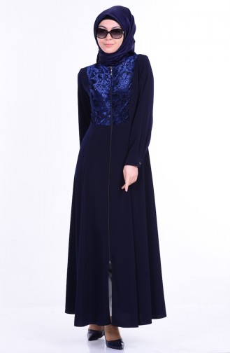 Abaya İmprimée 1049-02 Bleu Marine 1049-02