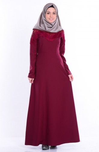 Püsküllü Pullu Elbise 81350-04 Bordo