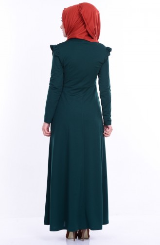 Fırfırlı Nakışlı Elbise 2025-03 Zümrüt Yeşil