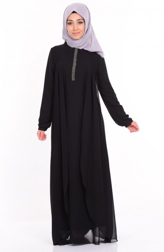 Taş Baskılı Şifon Elbise 99005-04 Siyah