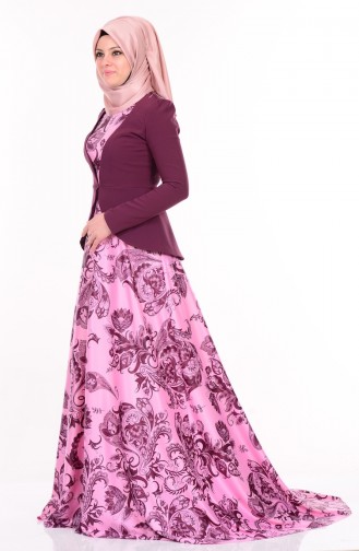  Hijab Evening Dress Patterned with Jacket  1096-01 Mürdüm 1096-01