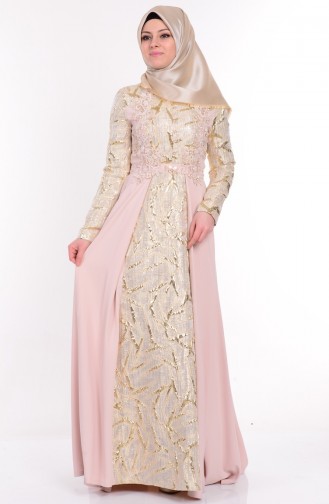Cream Hijab Evening Dress 9447-03