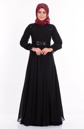 Pullu Şifon Elbise 2010-02 Siyah