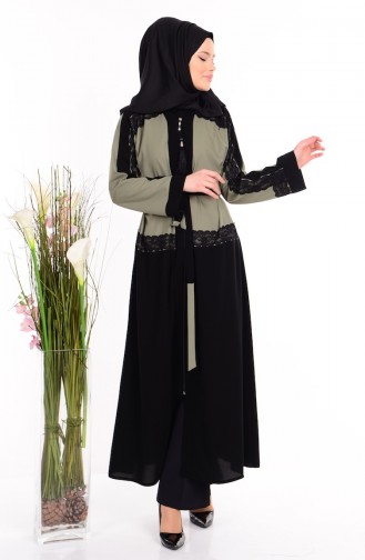 Abaya Détail Dentelle 7711-03 Noir Vert Khaki 7711-03