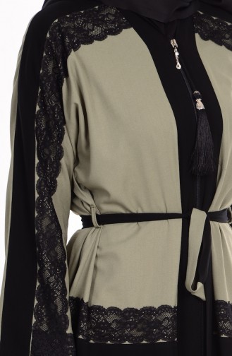 Abaya Détail Dentelle 7711-03 Noir Vert Khaki 7711-03