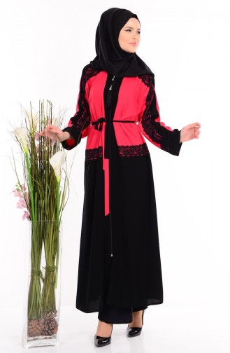 Abaya mit Spitzen 7711-04 Schwarz Rot 7711-04