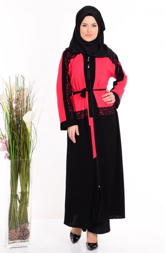 Abaya Détail Dentelle 7711-04 Noir Rouge 7711-04