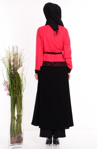 Abaya Détail Dentelle 7711-04 Noir Rouge 7711-04