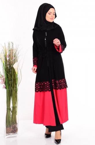 Abaya mit Gürtel 7712-01 Schwarz Rot 7712-01