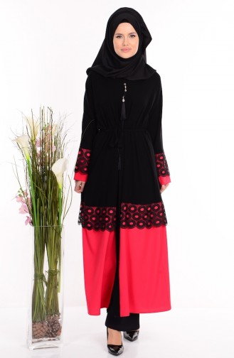 Abaya mit Gürtel 7712-01 Schwarz Rot 7712-01