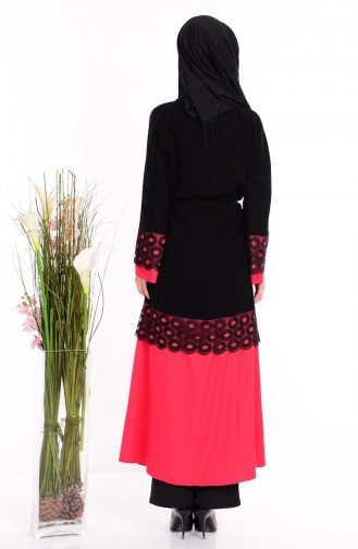 Abaya a Ceinture et Fermeture 7712-01 Noir Rouge 7712-01