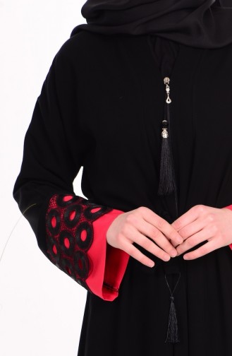 Abaya a Ceinture et Fermeture 7712-01 Noir Rouge 7712-01