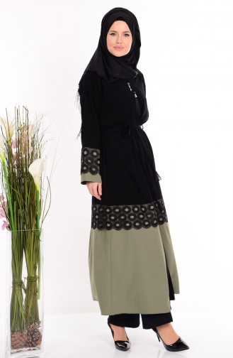 Abaya a Ceinture et Fermeture 7712-04 Noir Vert Khaki 7712-04