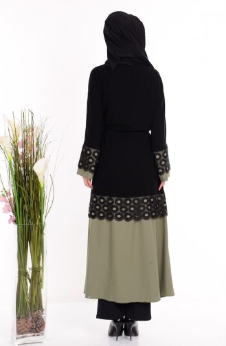 Abaya a Ceinture et Fermeture 7712-04 Noir Vert Khaki 7712-04