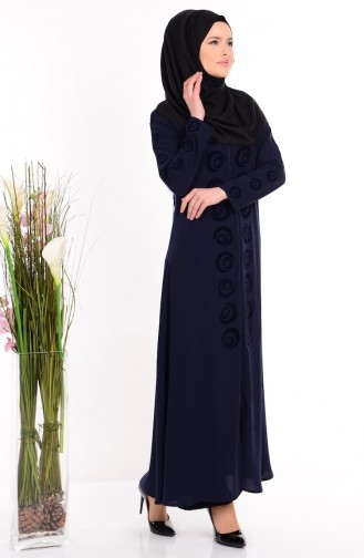 ABaya İmprimée Col Officier 1502-04 Bleu Marine 1502-04