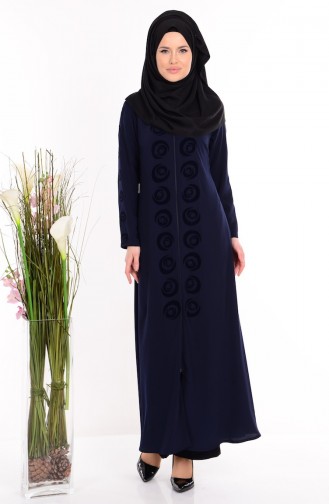 ABaya İmprimée Col Officier 1502-04 Bleu Marine 1502-04