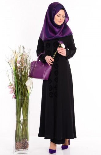 ABaya İmprimée Col Officier 1502-02 Noir 1502-02