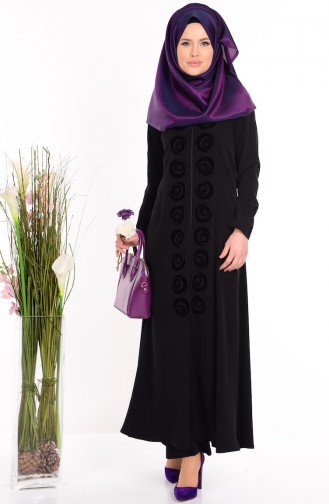 ABaya İmprimée Col Officier 1502-02 Noir 1502-02