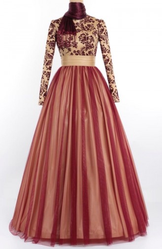 Claret Red Hijab Evening Dress 1087-07