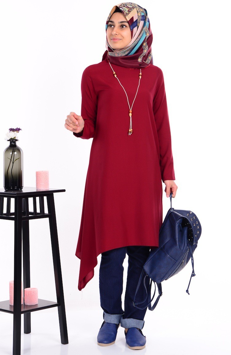 Kolyeli Asimetrik Tunik 1063-07 Bordo