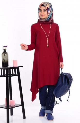 Kolyeli Asimetrik Tunik 1063-07 Bordo