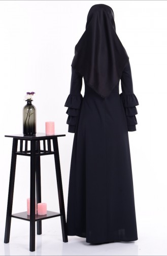 Kolu Fırfırlı Kolyeli Elbise 0104-03 Siyah