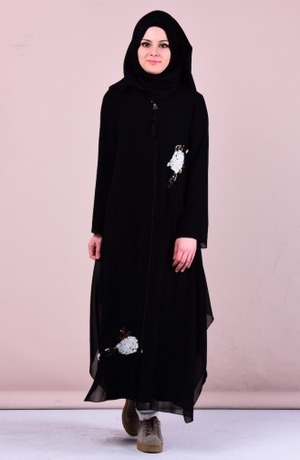 Abaya Bordée de Paillette 4101-01 Noir 4101-01