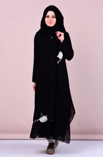 Abaya Bordée de Paillette 4101-01 Noir 4101-01