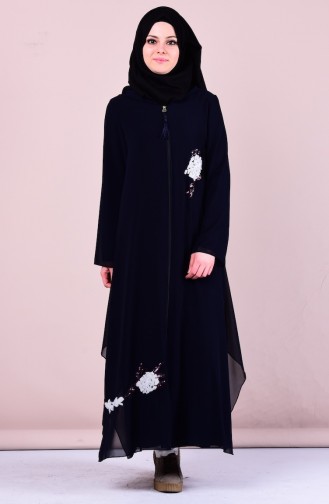 Abaya Bordée de Paillette 4101-02 Bleu Marine 4101-02