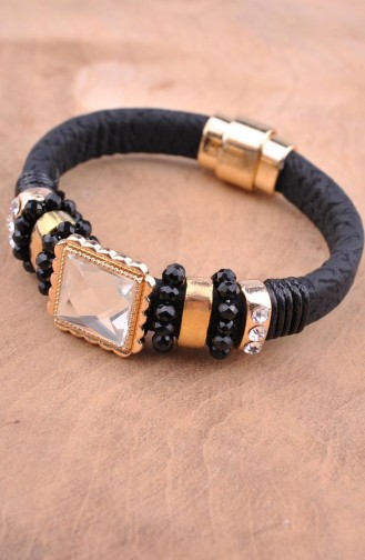Taşlı Deri Bileklik BL10474 Gold - Siyah