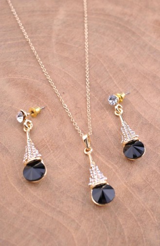 Zirkon Taşlı Kolye Küpe Set KS10530 Gold - Siyah
