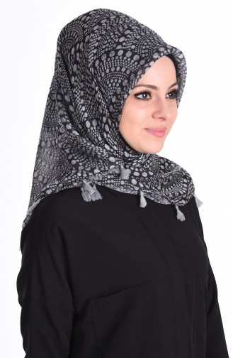 Çift Taraflı Püsküllü Eşarp 50115-06 Siyah Gri