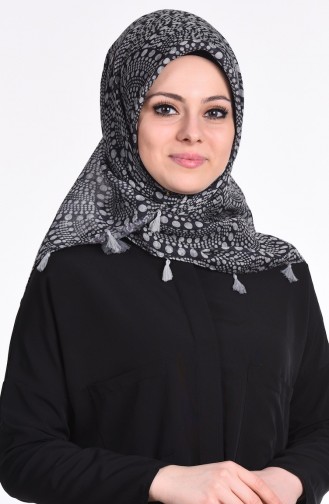 Çift Taraflı Püsküllü Eşarp 50115-06 Siyah Gri